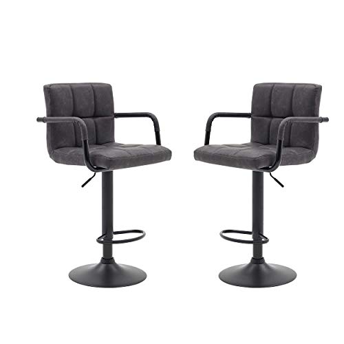 Halter Modern Bar Stool with Armrest, Counter Height Bar Chair, Vinyl, Matte Black Powder Coating, Set of 2 (Light Gray)