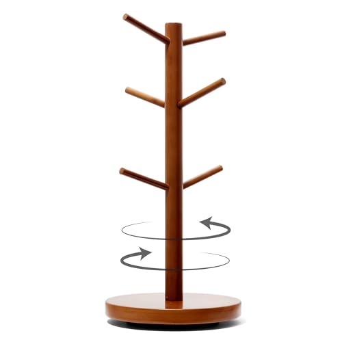 Rotating Wooden Coffee Mug Holder for Counter Top, Sturdy Stand for Large Cups w/Non-Slip Countertop Base & 6 Hooks, Coffee Mug Tree for Counter, Easy-Assembly Stylish Cup Tree Holder for Countertop