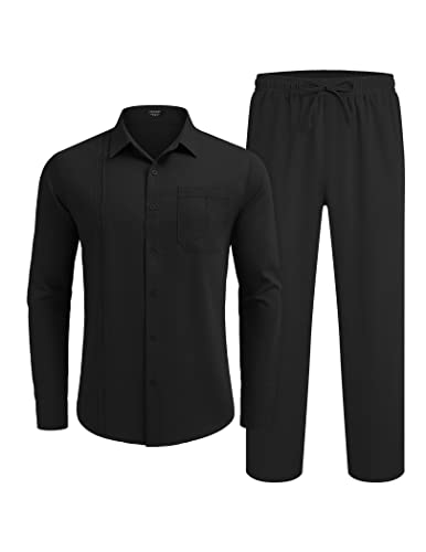 Coofandy Mens Coordinated Outfit Linen Beach Long Sleeve Button Down Shirts And Loose Pants Vacation Casual Suit Set, Black, X-Large #TOP3