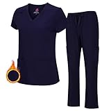 M&M SCRUBS Women's Stretch Scrub Set - Cool V-Neck Top & Cargo Pant, Breathable Moisture Wicking Medical Uniform (Navy, Medium)