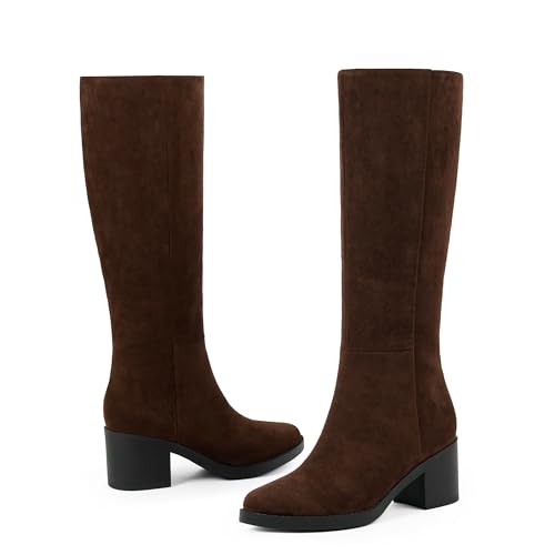 Image of Easyfox Womens Knee High Boots Chunky Low Heel Round Toe Tall Long Boots | Balanced Low Block Heel, Roomy Round Toe, Anti-slip Rubber Outsole, Fashion Heeled Dressy Fall Winter Long Boots for Women
