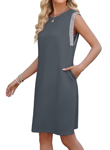 Image of WEACZZY Summer Dresses for Women 2026 Casual Crewneck Fit Beach Vacation Dress Sleeveless Loose Sundress with Pockets