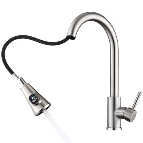 HOMELODY Robinet de cuisine avec affichage de la température LED, robinet de cuisine extensible, mitigeur haute pression en acier inoxydable avec 2 types de...