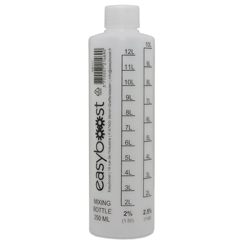 Easyboost Probeta Graduada para Aceite Mezcla Gasolina Motores 2 Tiempos 2% 2,5% 3% 4% 5% 6% Con Tapa 250 ml Scooter Moto Cortacésped Desbrozadora Sierra Cadena Yamaha Aerox AM6 Derbi (1 probeta)