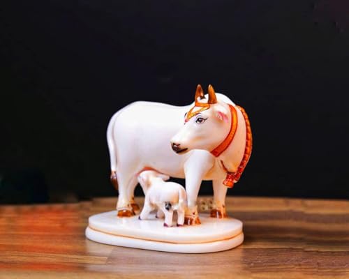 Image of Calf Statue in Marble Dust, 9CM Holy Cow. Idol, Showpiece for Home Decor, Handmade Divine Cow., Mother Cow.with Baby Calf, kamdhenu Gold