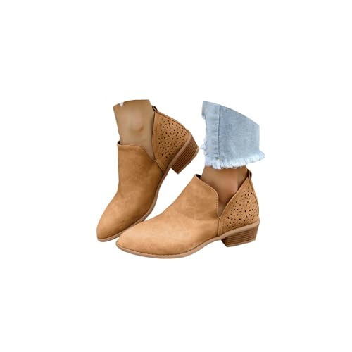 Cowboy Boots for Women Ankle Boots for Women Daily Wear Casual Short Chunky Heel Slip On Hollow Out Low Heel Side V-Cut Western Booties Shoes Classic Ankle Shoes for Fall Winter