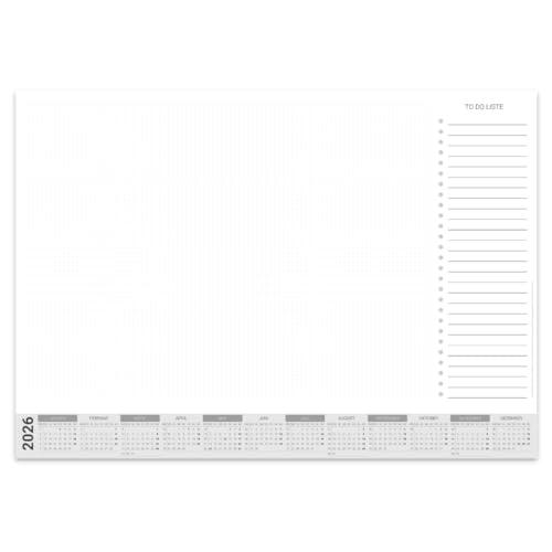 PuK Krämmer GmbH Papier-Schreibtischunterlage mit Kalender 2026 | DIN A2 mit Kantenschutz | 25 Blatt zum Abreißen mit To Do Liste | mit Schutzleiste | Schreibtischunterlage Papier A2 Kalender 2026