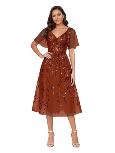 Tea Length Mother of Bride Dresses Short Sleeve Sequin Embroidery Formal Wedding Guest Dress