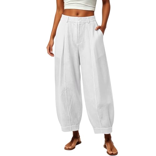 YILMVANY Women Balloon Pants Boho Ankle Linen Barrel Pants Women Palazzo 2026 High Waisted Trousers with Pockets Casual Hiking Wide Leg Balloon Trousers for Womens White Medium