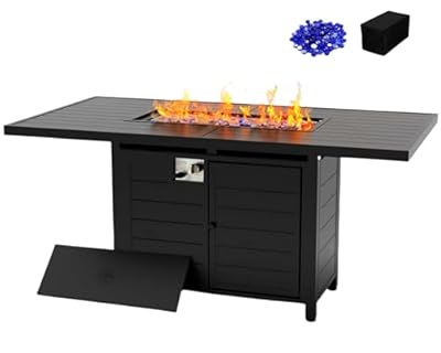 PIZZELLO 62in Outdoor Propane Gas Fire Pit Table, 50,000 BTU Auto-Ignition Gas Firepits with Waterproof Cover, Upgraded Aluminum Fire Pit with Glass Beads, CSA Certification