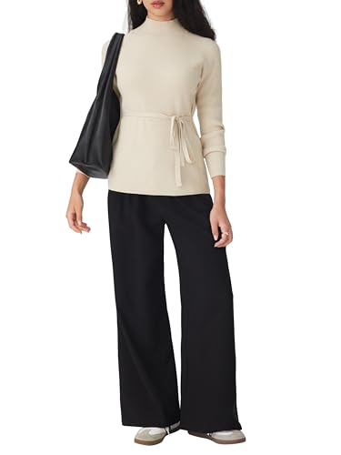 CIDER Women's Mock Neck Sweater with Tie Waist Elegant Long Sleeve Casual Knit Top2