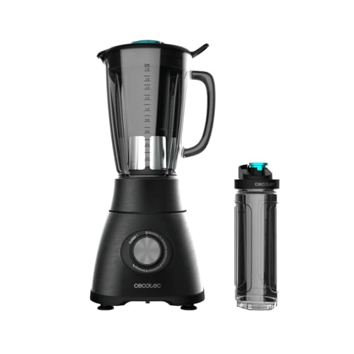 Cecotec Batidora de Vaso Power Black Titanium 2500MAX Go. 2500W Máxima Potencia, 6 Hojas con Recubrimiento de Titanio Negro, Jarra Termorresistente de 1,8L, 5 Velocidades, Incluye Botella Portátil