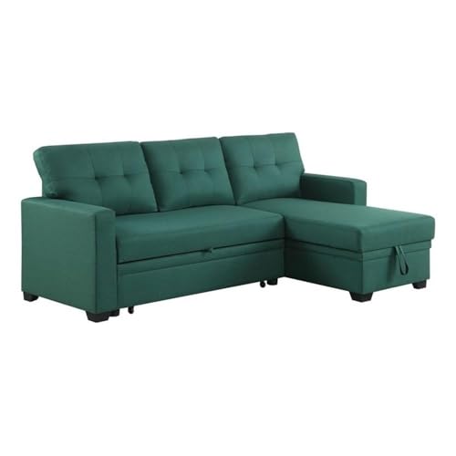 Devion Furniture L-Shaped Polyester Fabric Reversible, Easy Convertible Pull-Out Sleeper Sectional Sofa/Storage Chaise with Tufted Back Cushions and Track Arms in Green