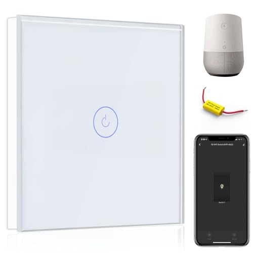 BSEED WiFi Touch Switch White,1 Gang 1 Way Smart Light Switch Compatible with Alexa and Google Home,with Smart Life Remote Control(No Hub Required)-No Need Neutral Wire