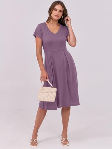 Image of ANRABESS Women Summer Dress Casual Short Sleeve V Neck A-Line Knee Length Pleated Flowy 2026 Fashion Midi Dresses with Pocket