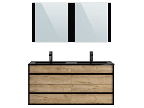 Meuble de salle de bain en mélamine coloris chêne/ noir - Longueur 122 x profondeur 46 x Hauteur 58 cm -PEGANE-