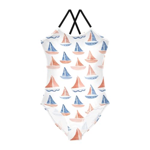 ALAZA Watercolor Sail Boat Cartoon Girls Swimsuit Bathing Suit Beach Swimwear One Piece 3-10T