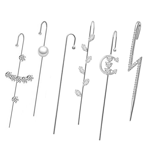 FASUND 4/6/8 Pcs Ear Wrap Crawler Hook Earrings for Women Gold Silver Cubic Zirconia Rhinestone Pearl Needle Lightning Piercing Wrap Around Ear Climbers