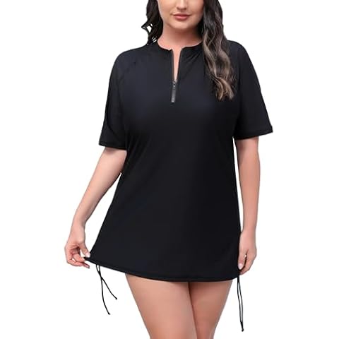 Halcurt Women's Plus Size Half Zip Short Sleeve Rash Guard Swim Top Drawstring Swim Shirt UPF50+ Swimsuit Black Plus Size 3X Cover
