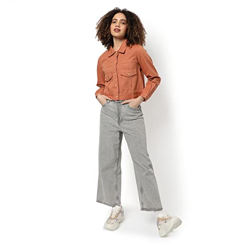 Image of Campus Sutra Women Orange Regular Fit Denim Jacket For Winter Wear | Collared Neck | Full Sleeve | Buttoned | Casual Jacket For Woman & Girl | Western Stylish Jacket For Women