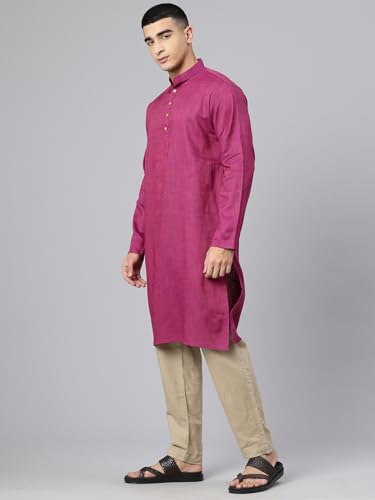 Image of Majestic Man Men's Cotton Regular Fit Traditional Mandarin Collar Ethnic Motifs Solid Long Kurta