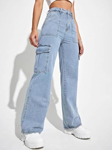 Image of Glossia Fashion High Waist Cargo Denim Jeans for Women Wide Leg Stretchable Straight Fit Jeans(WJ1-1215-$)