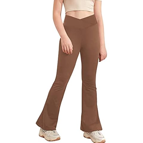 Girl's Leggings Cross High Waisted Flare Pants Yoga Bootcut Pants Solid Color Full Length Bell Bottoms, Brown, 9-10 years Cover