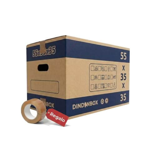 DindonBox 10 Cajas de Cartón para Mudanza 55x35x35cm con Precinto | Cajas de Cartón de Alta Resistencia con Asas para Mudanzas, Almacenaje y Transporte | Cartón Reciclado