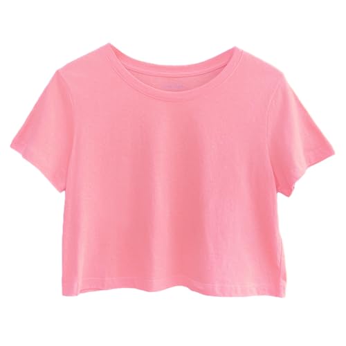 Image of Womens 100% Cotton Crop Tops Short Sleeve Crewneck Loose Fit Basic Tee Summer Casual Workout T-Shirt Fashion Clothes