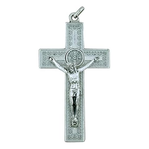 Vatican Imports 3" St. Benedict Crucifix with Silver-Tone Engraving and White Enamel Cover