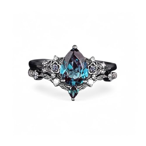 Gothic Black Gold Pear Shape Alexandrite Engagement Ring Set 925 Sterling silver Diamond Wedding Ring Set Unique Rhodium Black Gold Anniversay Jewelry For Bridal Gift
