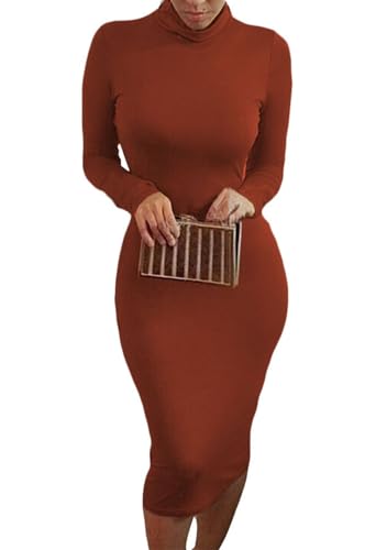 Pink Queen Womens Sexy Fall Knit Dress High Neck Long Sleeve Bodycon Midi Winter Dresses