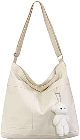 Kehpish Economical Cotton Tote Bag, Reusable Womens Canvas Tote Bag with 3 External Pocket, Top Zipper Closure White