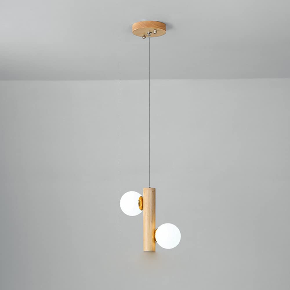 CSXSXAUO Wood Pendant Light Globe Hanging Lamp White Glass Ball Small Chandelier Ceiling Lighting Indoor, 2-Lights Suspended Lamps for Bedroom Kitchen Island Dining Room Office Star of
