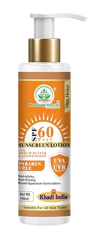 Image of Khadi Sunscreen SPF 60 Lotion with Kokum Butter & Sandalwood for Men & Women By Bhudevam Naturals | Broad Spectrum UVA & UVB Protection | Lightweight, Non-Sticky & Hydrating Formula For All Skin Types - 100ML