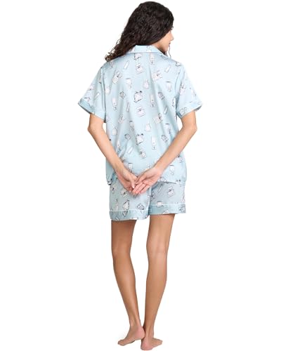 Image of YiNi LuLu Womens Silk Satin Shorts Pajamas Set Button Down 2 Piece Pjs Short Sleeve Oversized Sleepwear with Pockets
