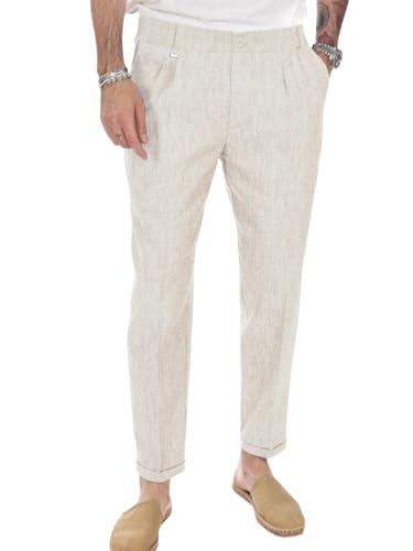 Beotyshow Mens Linen Pants Casual Elastic Waist Trousers Summer Beach Lightweight Pants