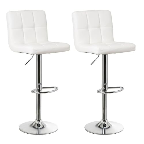 LOLAhome - Set de 2 Taburetes Altos Cocina Giratorios en 360°, Juego de Sillas de Bar Regulables en Altura de 93 a 113 cm, con Respaldo de Polipiel, Estructura Metal y Reposapiés, Blancos