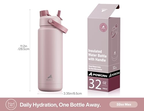Image of POWCAN 32 oz Insulated Water Bottle with 2-in-1 Straw and Spout Lid, Keep Cold 24H, Leak-Proof, BPA-Free, Double Wall Stainless Steel Water Bottle for Sports, Gym, Travel, and School (Dried Rose)
