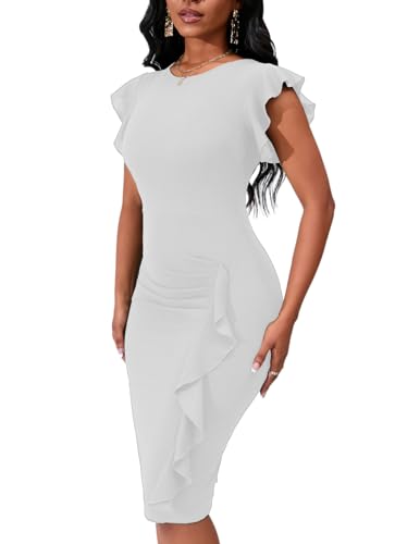 Image of PerZeal Women's 2026 Flutter Sleeve Bodycon Midi Dress Sexy Crew Neck Knit Ruffle Wear to Work Cocktail Party Pencil Dresses