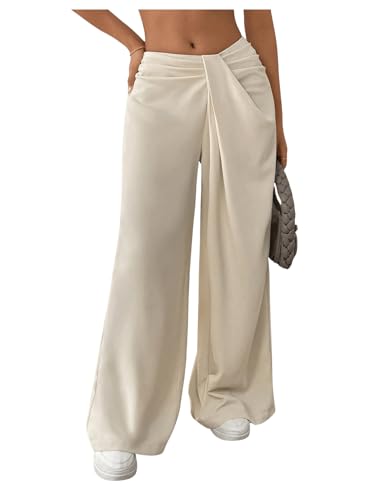 OYOANGLE Women's Asymmetrical Waist Ruched Wide Leg Long Pants Loose Solid Palazzo Pants Casual Trousers