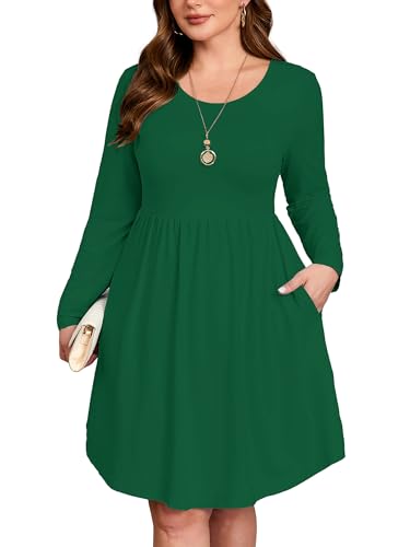 Image of AusLook Women's Plus Size Long Sleeve Midi Dress Casual Empire Waist Loose Flowy Dresses A-Line Boho Long Dress with Pockets