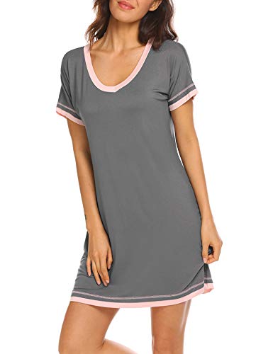 Ekouaer Nightgown Womens Cotton Sleep Tee Short Sleeve Sleepwear,Charcoal Grey,Medium