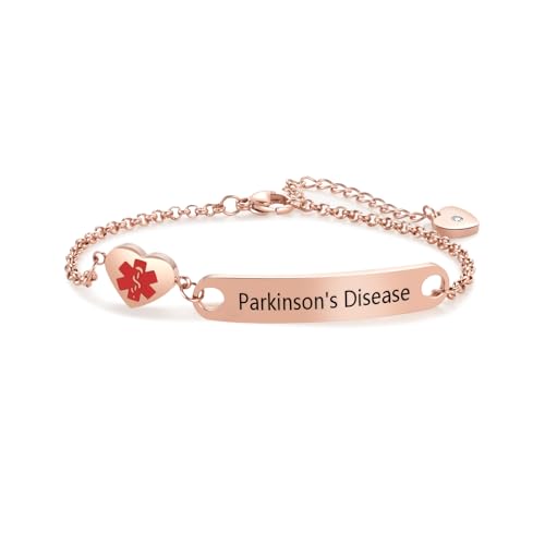 LSxAB Pink Medical Bracelets for Parkinson's Disease Women Men Adjustable Stainless Steel First Aid Emergency Bracelets