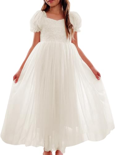 Girls V-Neck Short Sleeve Lace Flower Girls Dresses A line Illusion Tulle Fall Wedding Party Long Dress