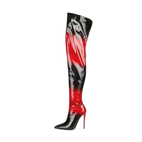 Image of Thigh high boots for women striped Back zipper Burgundy Zebra Print Over the knee Sexy gold white pointed toe Cow Print leopard Magenta stiletto heel