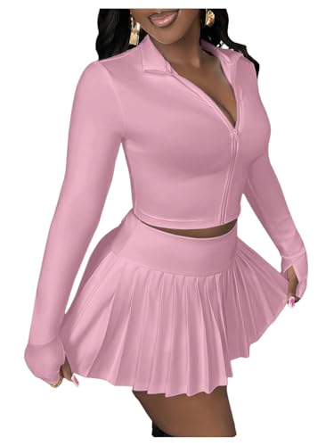 SOLY HUX Women's Skirt Sets 2 Piece Outfits Long Sleeve Crop Top with Pleated Mini Skirt Set Party Outfits for Women Plain Pink Large