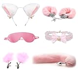 Analplug Paaren Cosplay 6-Stück-Set mit Fuchsschwanz Buttplug Anal Dildo + Handschellen + Augenmaske + Nippelklemmen + Spitze Halsband + Katze Ohren,SM Sex Spielzeug für Männer Frau Paare (Rosa)