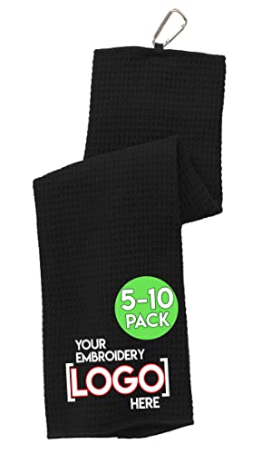 Personalized Custom Golf Towel, 5 or 10 Pack - Add Your Embroidered Logo - Trifold Golf Towels with Center Loop and Carabiner Clip, Hook