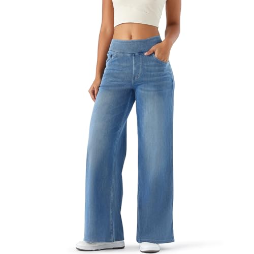 LighterGlide Women's High Rise Wide Leg Jeggings - Stretch Pull On Jeans-Style Pants, Soft Denim with Pockets(Light Blue X-Large)